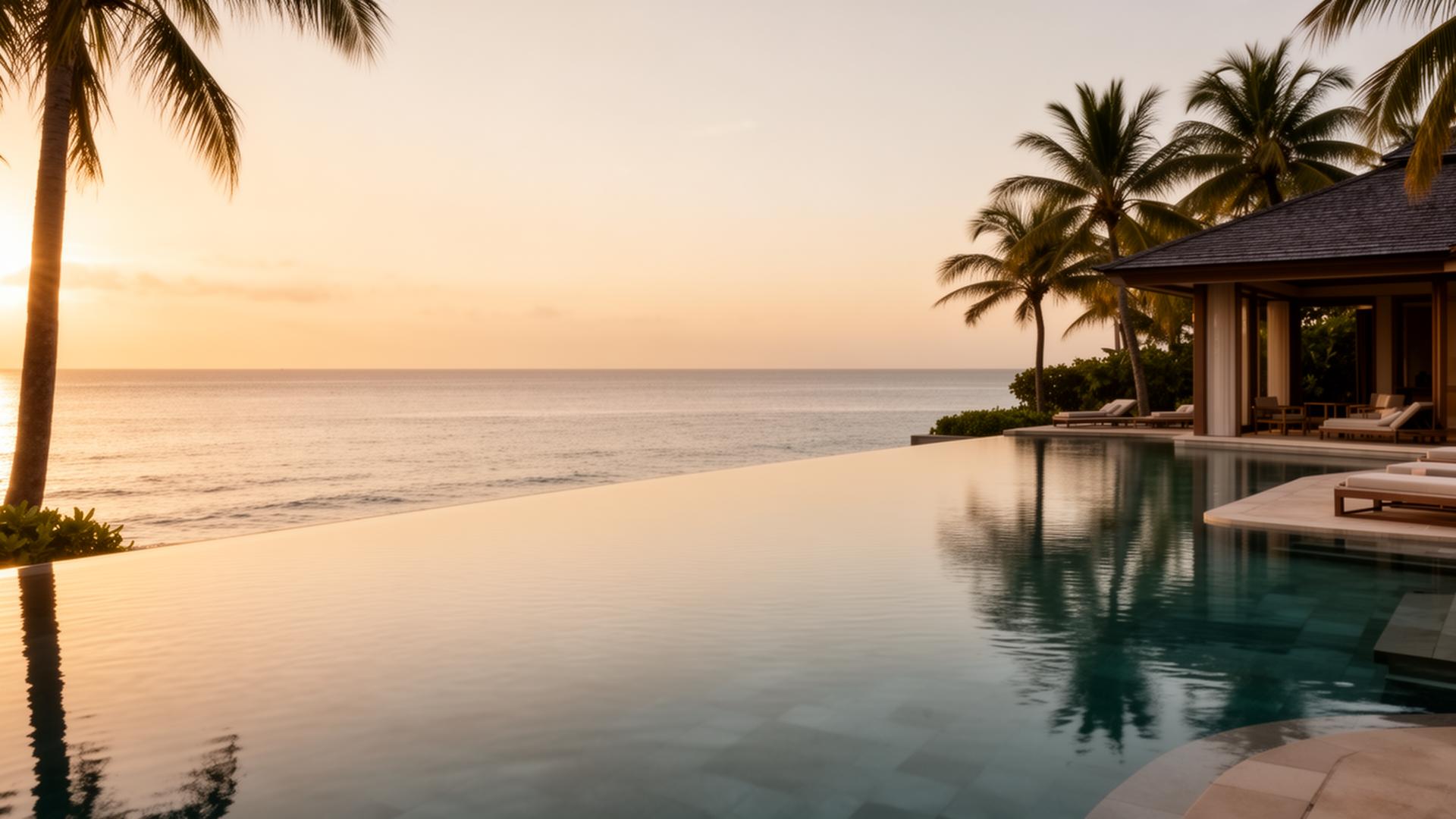 Infinity pool at a luxury wellness resort at golden hour